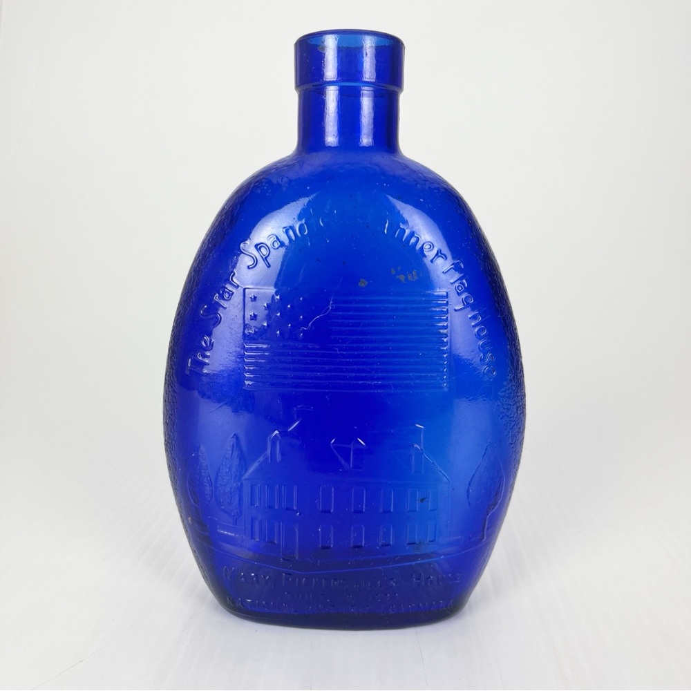 Vintage Cobalt Blue Mary Pickersgill Star Spangled Banner Glass Bottle 7.5 Inch